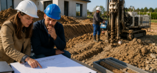 Professionnels réalisant une étude de sol géotechnique sur un terrain avant la construction d’une maison