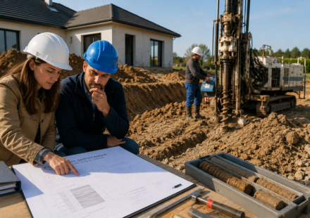 Professionnels réalisant une étude de sol géotechnique sur un terrain avant la construction d’une maison