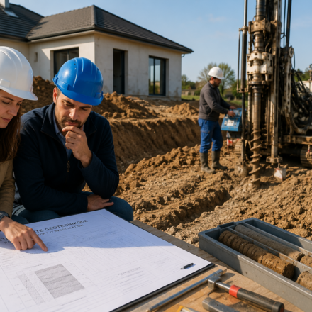 Professionnels réalisant une étude de sol géotechnique sur un terrain avant la construction d’une maison