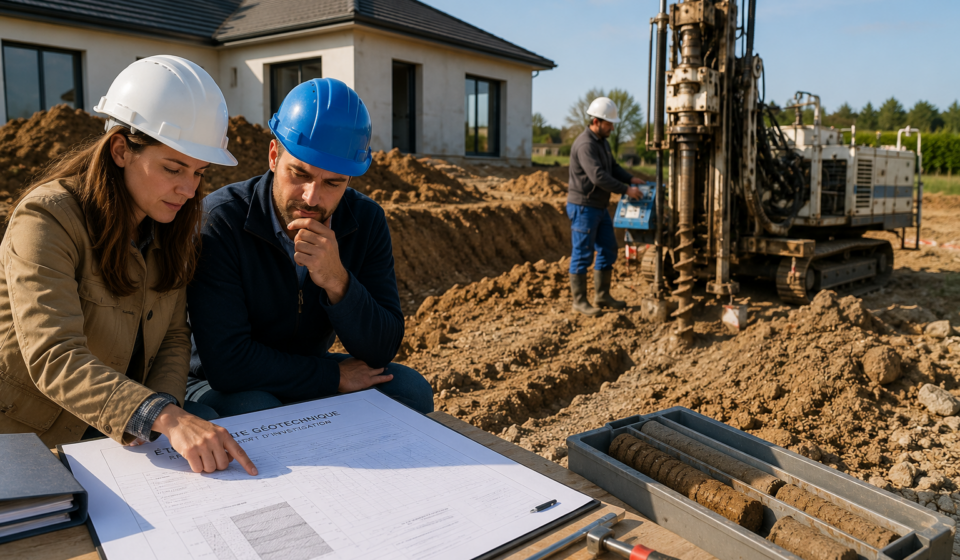 Professionnels réalisant une étude de sol géotechnique sur un terrain avant la construction d’une maison