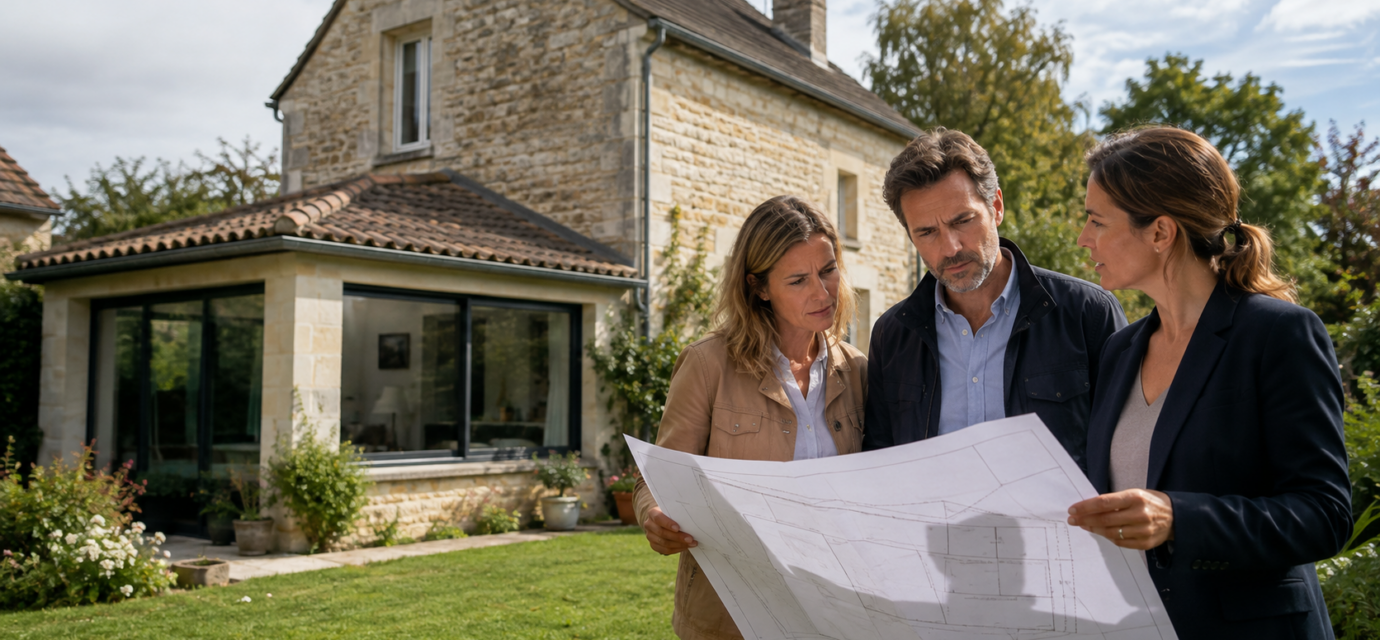 Extension immobilière : une ancienne extension n’apparaît pas au cadastre : faut-il renoncer à l’achat ? Acquéreurs vérifiant le plan cadastral devant l’extension d’une maison