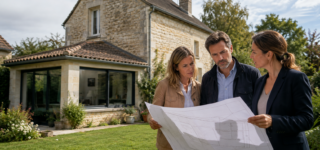 Acquéreurs vérifiant le plan cadastral devant l’extension d’une maison