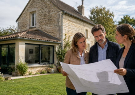 Acquéreurs vérifiant le plan cadastral devant l’extension d’une maison