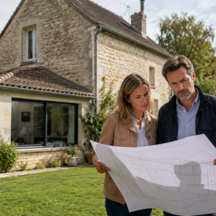 Acquéreurs vérifiant le plan cadastral devant l’extension d’une maison
