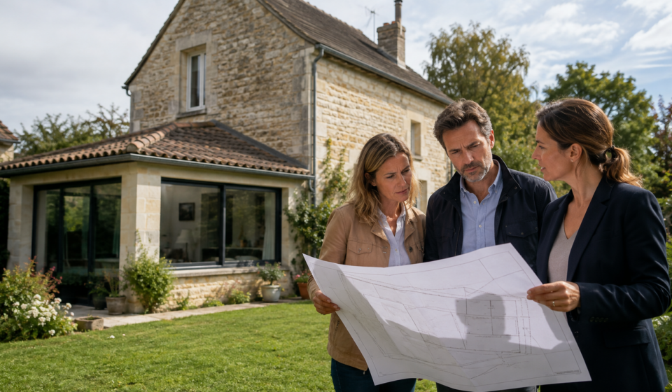 Acquéreurs vérifiant le plan cadastral devant l’extension d’une maison