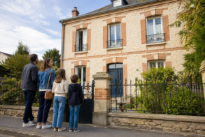 Famille devant une maison de ville à Alençon dans l’Orne