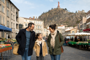 Famille découvrant le marché du Puy-en-Velay au pied du rocher Corneille