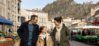 Famille découvrant le marché du Puy-en-Velay au pied du rocher Corneille