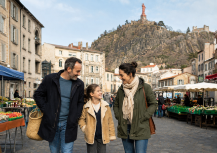 Famille découvrant le marché du Puy-en-Velay au pied du rocher Corneille