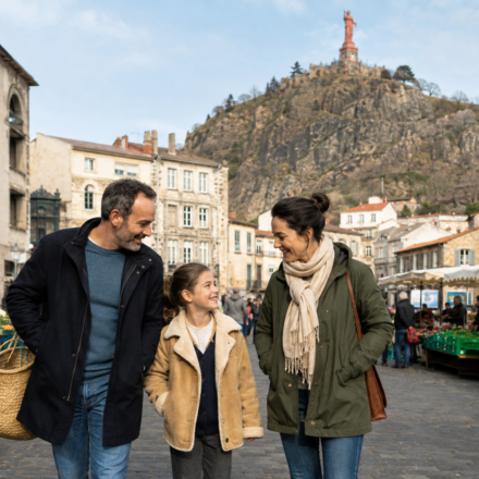 Famille découvrant le marché du Puy-en-Velay au pied du rocher Corneille