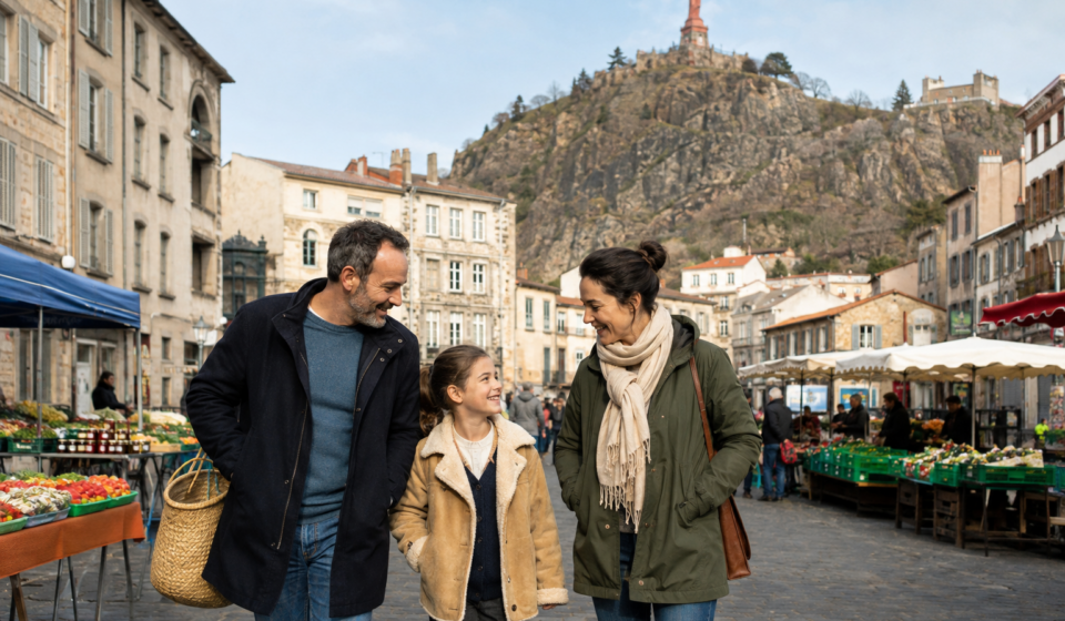 Immobilier au Puy-en-Velay : pourquoi les petites villes patrimoniales méritent-elles un nouveau regard ? Famille découvrant le marché du Puy-en-Velay au pied du rocher Corneille