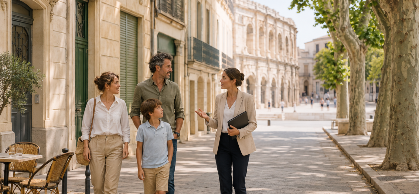 Famille accompagnée par une agente immobilière dans le centre de Nîmes