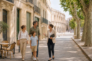 Famille accompagnée par une agente immobilière dans le centre de Nîmes