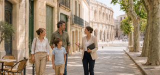 Famille accompagnée par une agente immobilière dans le centre de Nîmes