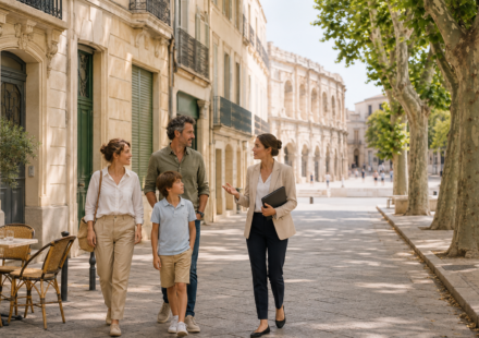 Vivre à Nîmes : immobilier et qualité de vie entre Provence et Occitanie Famille accompagnée par une agente immobilière dans le centre de Nîmes