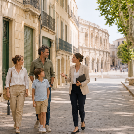 Vivre à Nîmes : immobilier et qualité de vie entre Provence et Occitanie Famille accompagnée par une agente immobilière dans le centre de Nîmes