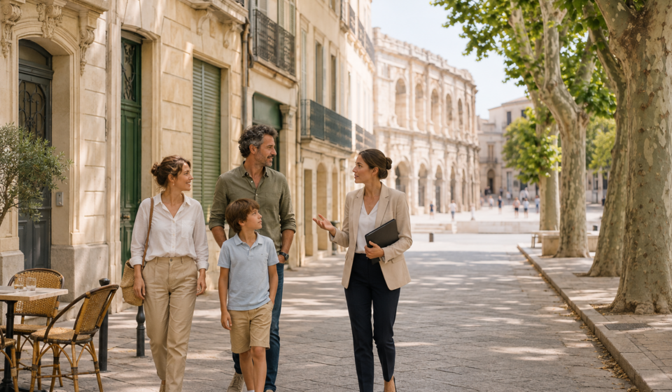 Vivre à Nîmes : immobilier et qualité de vie entre Provence et Occitanie Famille accompagnée par une agente immobilière dans le centre de Nîmes