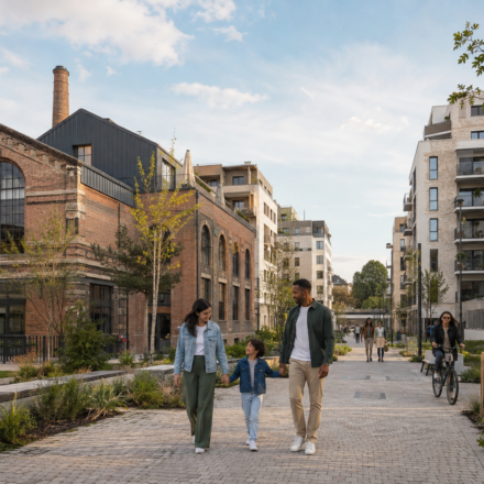 Ancienne friche urbaine transformée en quartier résidentiel