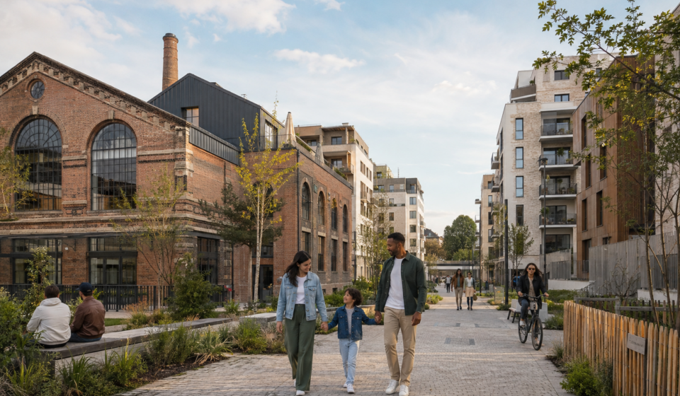 Ancienne friche urbaine transformée en quartier résidentiel