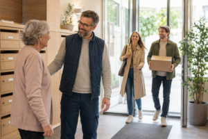 Gardien échangeant avec les résidents dans le hall d’une copropriété