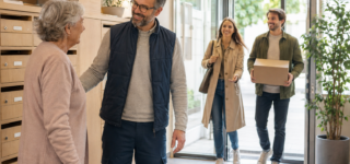 Gardien échangeant avec les résidents dans le hall d’une copropriété