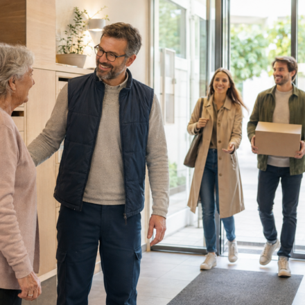 Gardien échangeant avec les résidents dans le hall d’une copropriété