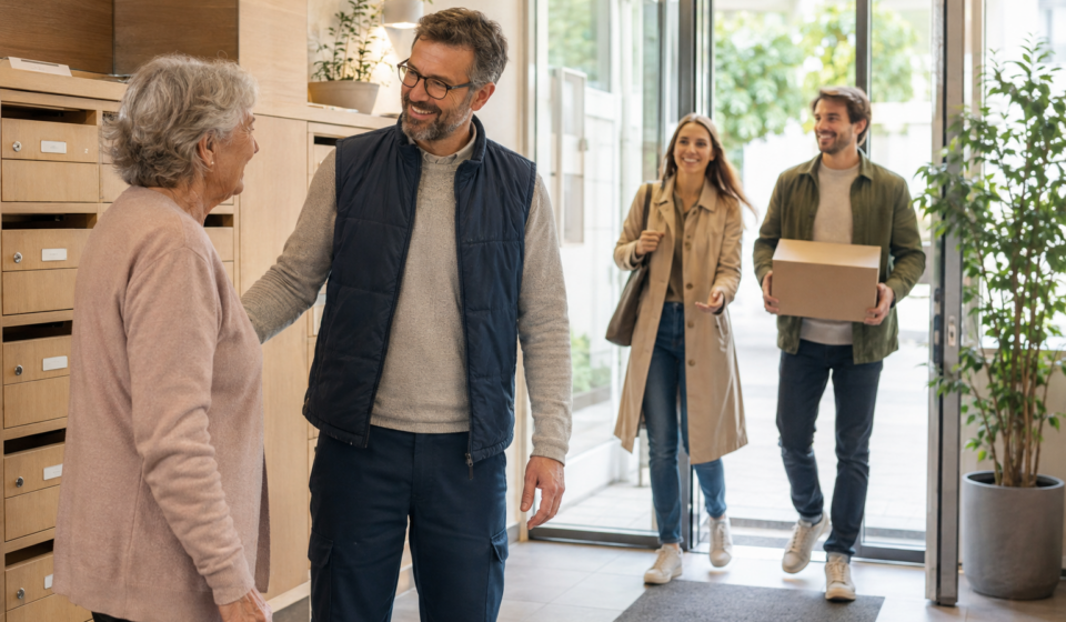 Copropriété avec gardien : véritable valeur ajoutée ou charge devenue trop lourde ? Gardien échangeant avec les résidents dans le hall d’une copropriété