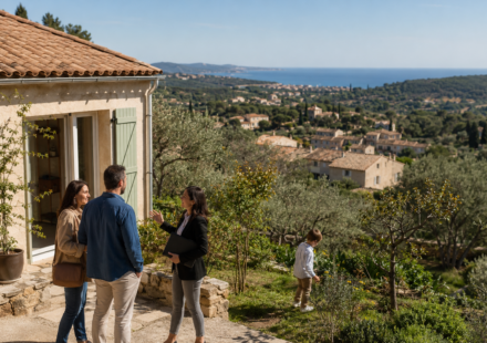 Famille visitant une maison dans l’arrière-pays méditerranéen