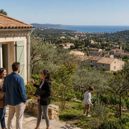 Immobilier méditerranéen : faut-il s’éloigner du littoral pour retrouver des prix accessibles ? Famille visitant une maison dans l’arrière-pays méditerranéen