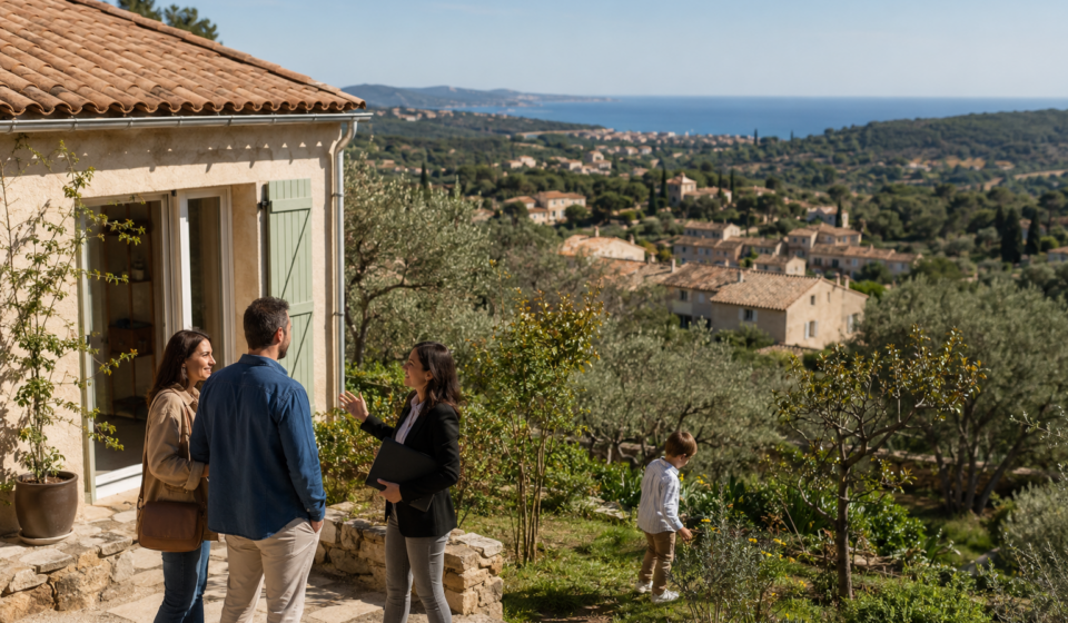 Immobilier méditerranéen : faut-il s’éloigner du littoral pour retrouver des prix accessibles ? Famille visitant une maison dans l’arrière-pays méditerranéen