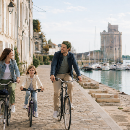 Famille à vélo près du Vieux-Port de La Rochelle