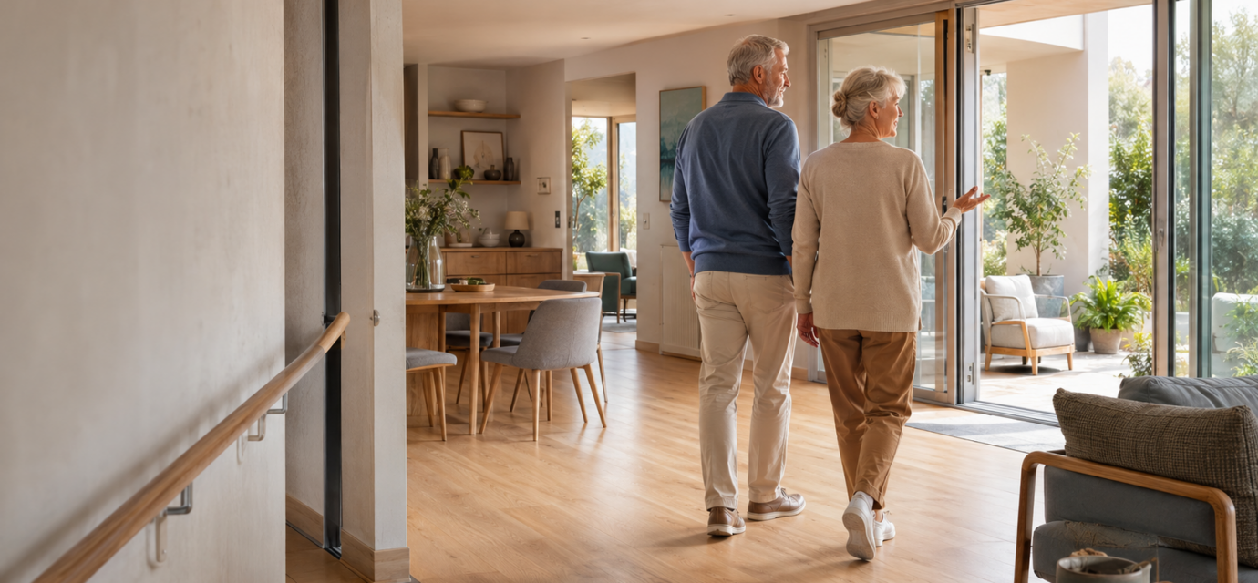 Couple de seniors dans un logement contemporain accessible et adapté au vieillissement