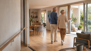 Couple de seniors dans un logement contemporain accessible et adapté au vieillissement