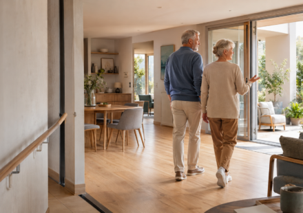 Couple de seniors dans un logement contemporain accessible et adapté au vieillissement