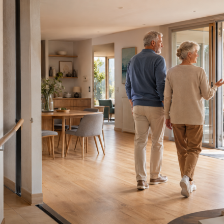 Couple de seniors dans un logement contemporain accessible et adapté au vieillissement