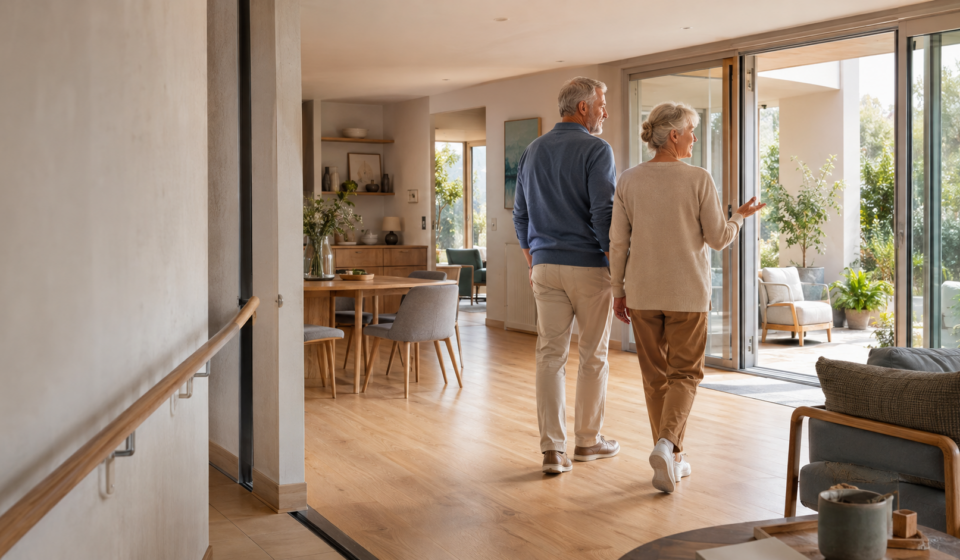 Immobilier et vieillissement — faut-il repenser aujourd’hui les logements construits pour demain ? Couple de seniors dans un logement contemporain accessible et adapté au vieillissement