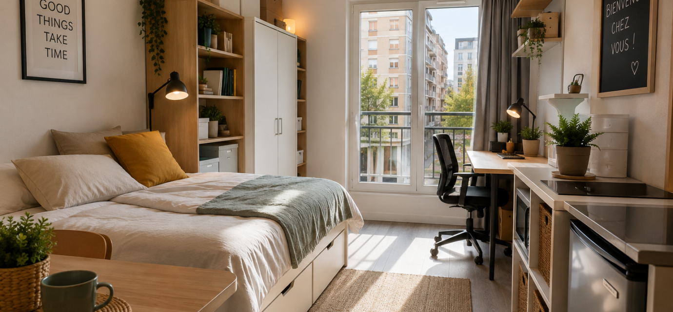 Location meublée : les attentes des locataires évoluent-elles à la rentrée ? Appartement meublé avec lit, bureau, rangements et cuisine équipée