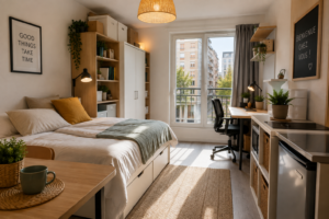 Appartement meublé avec lit, bureau, rangements et cuisine équipée