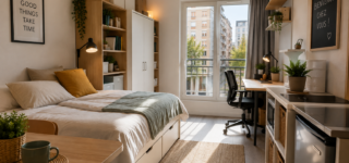 Appartement meublé avec lit, bureau, rangements et cuisine équipée