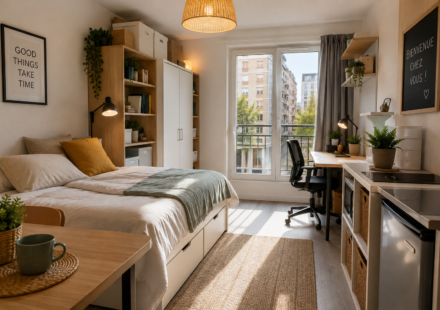 Appartement meublé avec lit, bureau, rangements et cuisine équipée