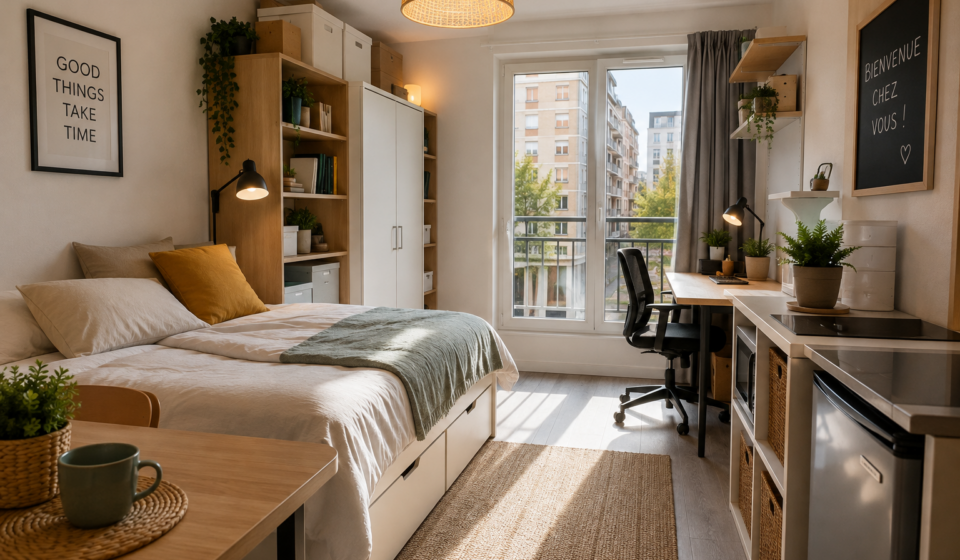 Appartement meublé avec lit, bureau, rangements et cuisine équipée