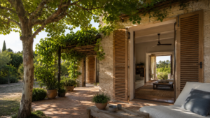 Maison en pierre protégée de la chaleur par des volets, un grand arbre et une pergola végétalisée