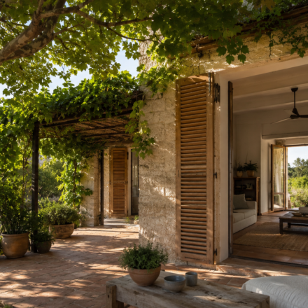 Volets, végétation, inertie : les équipements qui rendent une maison confortable sans climatisation Maison en pierre protégée de la chaleur par des volets, un grand arbre et une pergola végétalisée