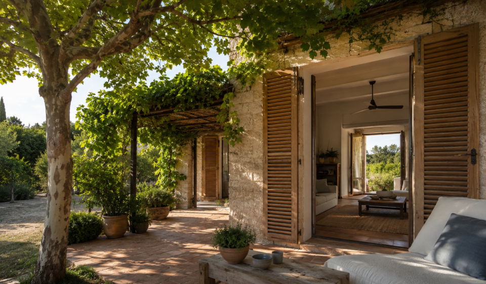 Maison en pierre protégée de la chaleur par des volets, un grand arbre et une pergola végétalisée