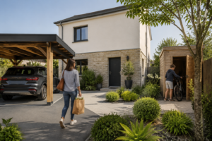 Famille devant une maison sans garage équipée d’un carport