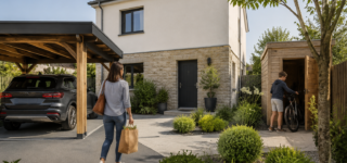 Famille devant une maison sans garage équipée d’un carport