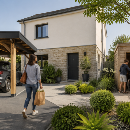 Famille devant une maison sans garage équipée d’un carport