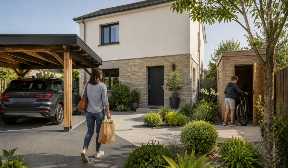Famille devant une maison sans garage équipée d’un carport
