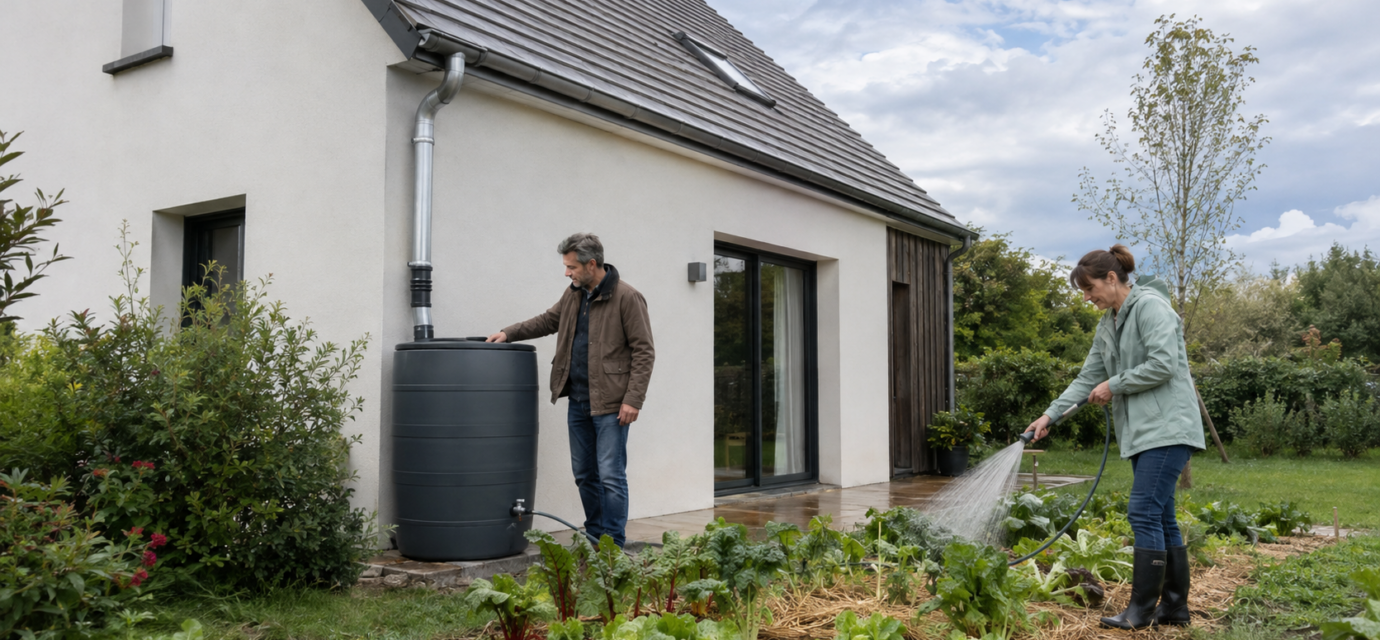 Peut-on rendre une maison autonome en eau sans tomber dans le gadget ? Couple utilisant l’eau de pluie récupérée pour arroser le potager