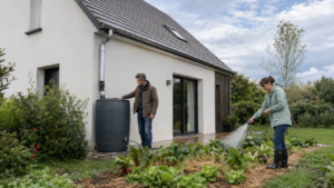 Couple utilisant l’eau de pluie récupérée pour arroser le potager